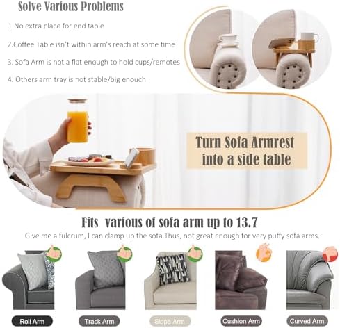 Nnewvante Couch Cup Holder Tray, 3 in 1 Bamboo Sofa Arm Clip-on Tray - Image 2