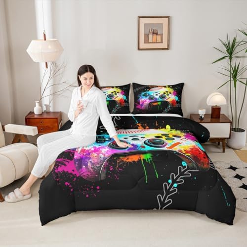 Erosebridal Gaming Bedding Set - Baseball Full Comforter Set, Watercolor Game Console Comforter Set, Rainbow Tie Dye Sports Bedding Set for Boys, Gamer Decor for Boys' Bedroom - Image 2