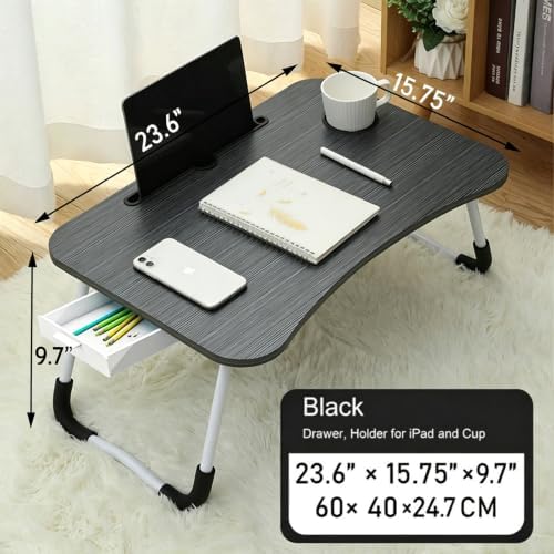 Laptop Bed Desk, Foldable Lap Desk with Storage Drawer, Cup and Phone Holder, Laptop Bed Tray Table, Portable Lap Table, Laptop Stand for Breakfast, Working, Writing, Gaming and Drawing (Black) - Image 2