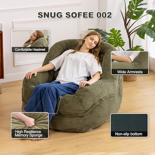 Giant Bean Bag Chair for Adults, Oversized Floor Lounge Chair with Armrests | Olive Green, soft corduroy and resilient foam for living rooms, bedrooms, reading nooks, gaming rooms, movie nights, and pets - Image 3