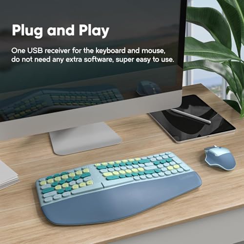 Wireless Ergonomic Keyboard and Mouse Combo with PU Wrist Rest, Carpal Tunnel Keyboard, 2.4G Colorful Split Ergo Keyboard, Comfortable Natural Typing, Compatible with PC/Laptop (Blue) - Image 5