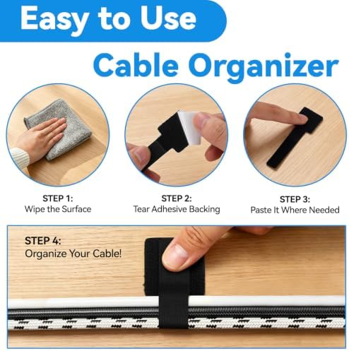 80 Pcs Cable Management Under Desk, Cord Organizer, Reusable Hook and Loop Cable Ties, Computer Accessories for Desk, Home Office Essentials, Black, White, Grey - Image 4
