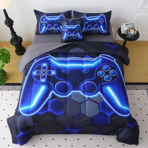 JQinHome Full Size Gaming Bedding Set 6-Piece Comforter for Boys Teens - 3D Video Game Print Bed in a Bag with Sheets, Blue Cool Black Design (Full) - Image 2