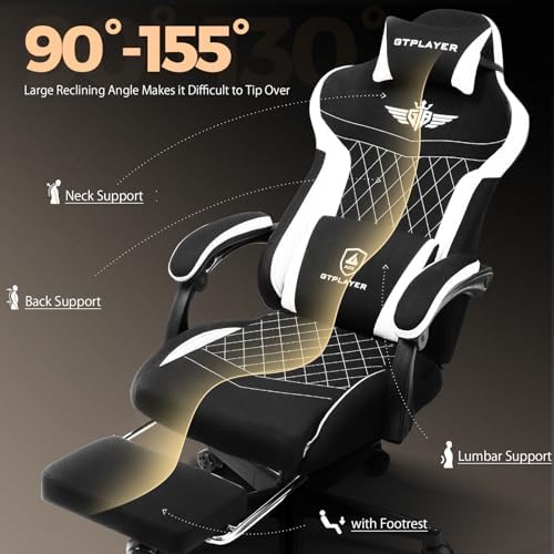 GTPLAYER Gaming Chair with Footrest, Big and Tall Game Chair High Back Computer Office Chair with Lumbar Support for Adults, Ergonomic Swivel Games Chair with Cushion Gaming, Fabric Black - Image 5