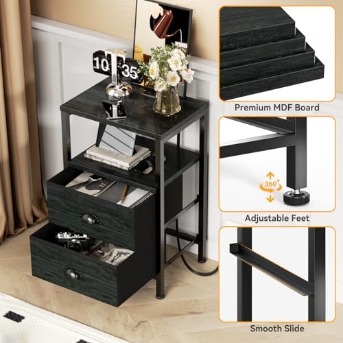 Furologee Nightstands Set of 2, End Tables with Charging Station and LED Lights, Black Night Stands with 2 Fabric Drawers, Bedside Tables Set of 2 for Living Room/Bedroom,Black Oak - Image 6