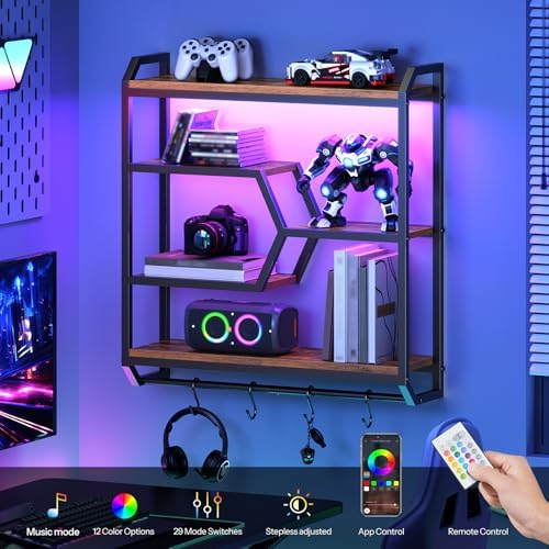 HOOBRO 27.5" Floating Shelf with LED Lights, Gaming LED Wall Mounted Shelf with Hanging Rod & 4 S-Hooks, 4-Tier Hanging Display Rack, for Living Room, Gaming Room, Rustic Brown and Black BF71DBJ01 - Image 5