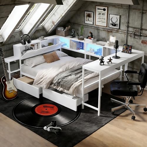 Bellemave Full Size Corner Bed Frame with Storage Drawers, Bookcase and Side Desk, Full Corner Bed with Light and Charging Station, Daybed for Bedroom, Living Room, Guest Room White by Bellemave