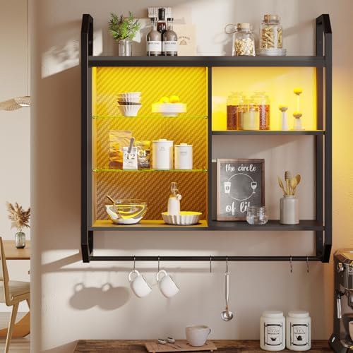 Bestier LED Gaming Floating Shelves, 34" Wall Mounted Shelf Pipe Shelves Hanging Display Rack Bookshelf with 6 S-Hook, Gaming Room Decor Wine Coffee Bar, Black Carbon Fiber - Image 2