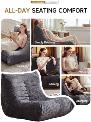 ZCUBED Large Bean Bag Chairs for Adults, Memory Foam Lounge Chair, Soft Corduroy Big Bean Bag Chair Lazy Sofa, Comfy Floor Beanbag Chair Single Sofa for Bedroom Living Room Fireside Book Nook, Grey - Image 5