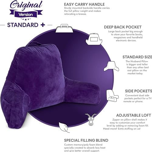 Husband Pillow Reading Pillow with Arms - Standard Backrest for Sitting Up in Bed - Firm Support Bed Rest Pillow for Adults, Neck Roll, Removable Cover -TV, Reading, Lounging - Purple - Image 5