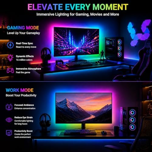 RGB Monitor Backlight with Screen Sync, Dual USB Powered Ambient Lighting Kit for 27 Inch Gaming Monitors, Music Mode, Immersive Dynamic LED Strip Lights for PC Setup (4 Sides - 27 inch) - Image 6