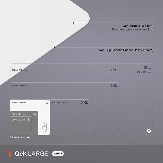 SteelSeries QcK Cloth Gaming Mouse Pad - Exclusive Micro-Woven Surface - Optimized for Gaming Sensors - Maximum Control - Size L - White - Image 5
