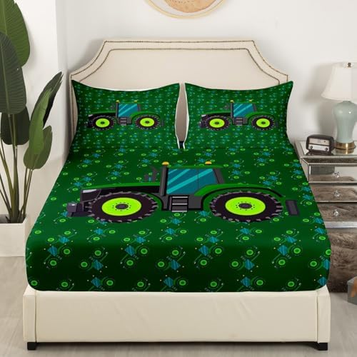 Erosebridal Green Equipment Trucks Bed Sheets Queen Size Boys Tractor Sheet Set Construction Excavator Bedding Set Kids Cartoon Car Room Decor Lightweight Soft Fitted Sheet with 2 Pillowcases - Image 4