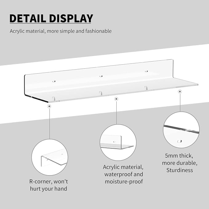 Sezanrpt Acrylic Wall Shelves 36 24 12 Inches, Clear Floating Shelf for Wall, Wall Mounted Display Shelves for Plants, Radio, Funko Pop, Stuffed Animal, Books, Clock, Cosmetics, Toiletries - Image 4