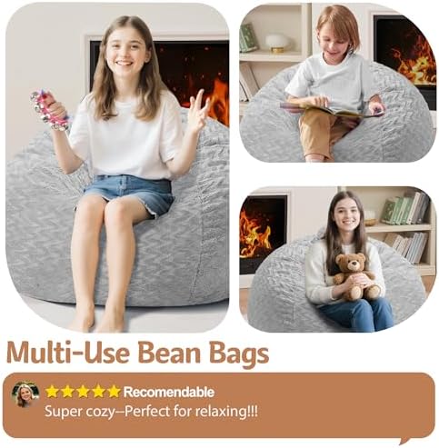 2FT Bean Bag Chair,Giant Bean Bag Chairs for Adults,Big Bean Bags with Memory Foam Filled, Large Beanbag Chairs with Chevron Plush Cover-Light Grey - Image 6