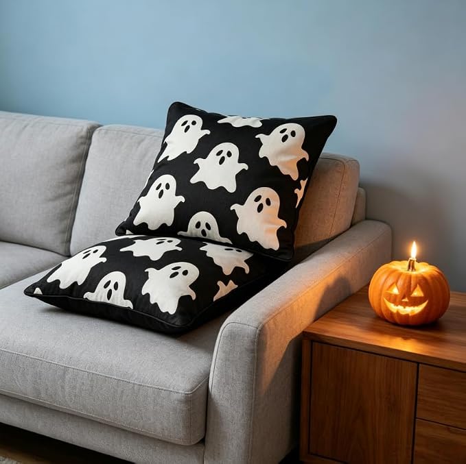 Halloween Ghost Throw Pillow Covers, Black, Linen, 18x18 Inch, Set of 2, Machine Washable, Living Room Decor - Image 7