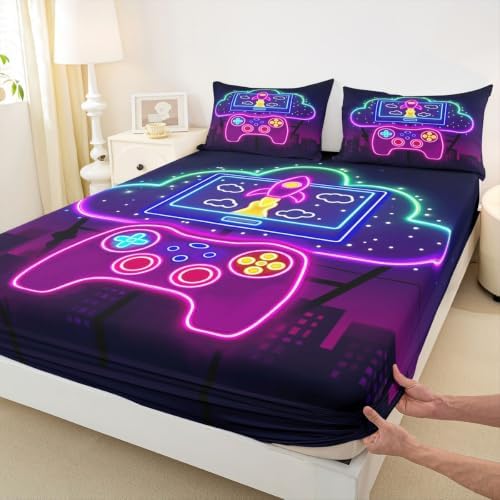 Erosebridal Gaming Sheet Set Twin Purple Gamepad Fitted Sheet for Kids Boys Girls Modern Gamer Bed Sheet Set Vintage Video Games Top Sheet for Bedroom Decor with Deep Pocket Gaming Flat Sheet - Image 4