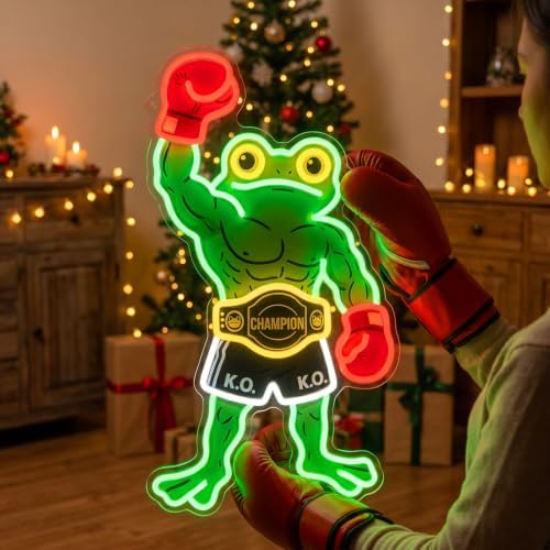 HAJAE Frog Neon Sign, Dimmable Boxing Frog Champion LED Light Wall Decor - Funny Muscular Frog Gifts for Men Boys Kids, Wrestling Birthday Party Decorations, Gym Man Cave Room Neon Light - Image 2