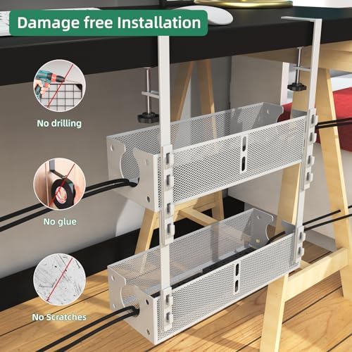 Multi-Model Under Desk Cable Management 2 Pack Metal Under Desk Wire Management Tray Clamp Mount Under Table Cord Management No Damage The Desk White - Image 6