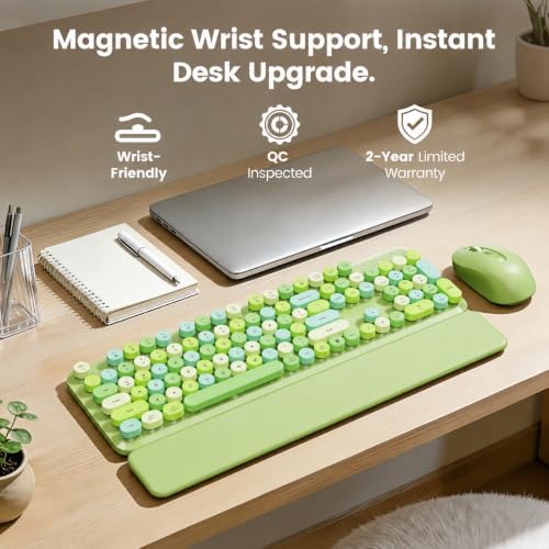 Wireless Keyboard and Mouse Combo, Magnetic Wrist Rest, Round Keycap, Green - Image 2