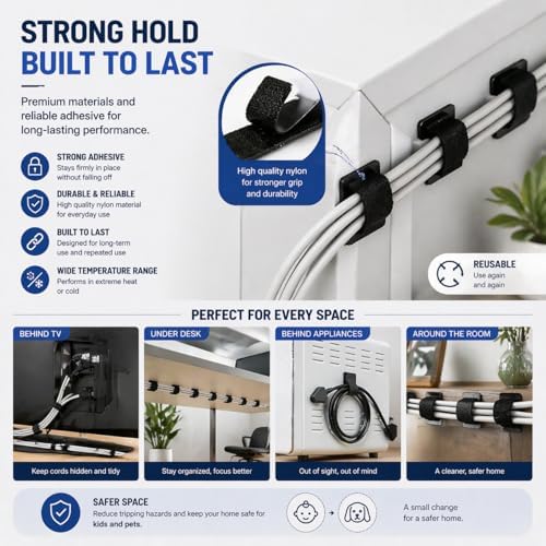 80 PCS Cable Organizer, Cord Organizer for Desk, Wire Holders for Cords with Adhesive Backing, Reusable Velcro Cable Management Straps, Under Desk Cable Management for Home Office and Gaming Setup - Image 6