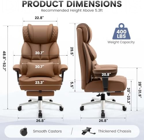 BestGlory Office Desk Chair, Big and Tall Leather Gaming Chair with Footrest, Ergonomic Comfy Executive High-Back Reclining Computer Chairs, Wide Swivel Rolling Wheels and Padded Lumbar Support, Khaki - Image 2