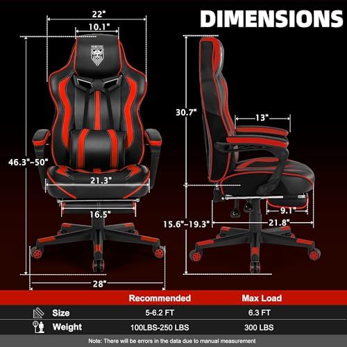 Vonesse Gaming Chair for Adults, Reclining Gaming Chairs with Footrest and Massage, Computer Gaming Chair for Heavy People,Ergonomic Gamer Chair Big and Tall (Red/Black) - Image 3