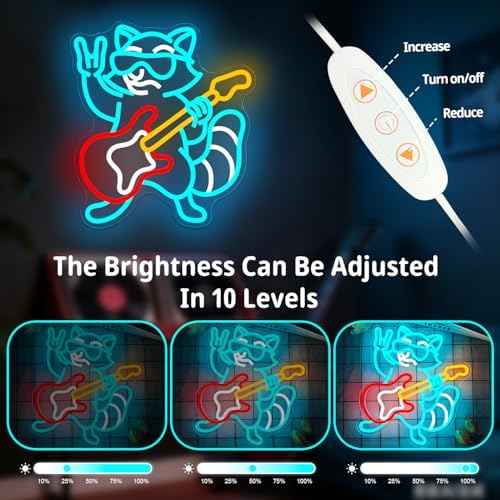 Raccoon Playing Guitar Neon Sign Dimmable Rock & Roll Raccoon Neon Lights Live Music Led Sign USB Guitar Led Light Raccoons Neon Wall Decor for Bedroom Bar - Image 3