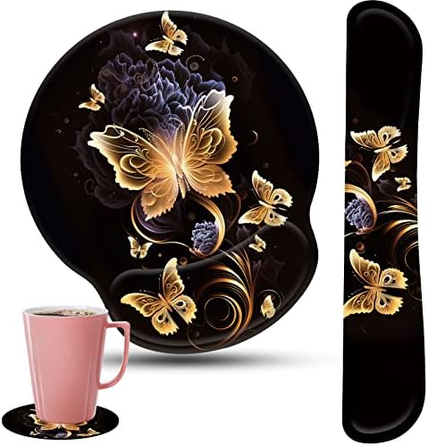 Keyboard Wrist Rest and Mouse Pad Wrist Support Set with Coffee Coaster, Non-Slip PU Base for Gaming and Office, Comfortable & Lightweight for Easy Typing & Pain Relief,Gold Butterfly by CICPLKSE