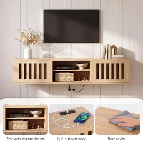 59" Floating TV Stand Wall Mounted with Power Outlet, Natural - Image 5