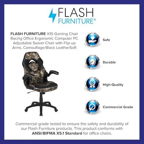 Flash Furniture X10 Gaming Chair Racing Office Ergonomic Computer PC Adjustable Swivel Chair with Flip-up Arms, Camouflage/Black LeatherSoft | Ergonomic, Adjustable, Flip-up Arms, Racing Style - Image 4
