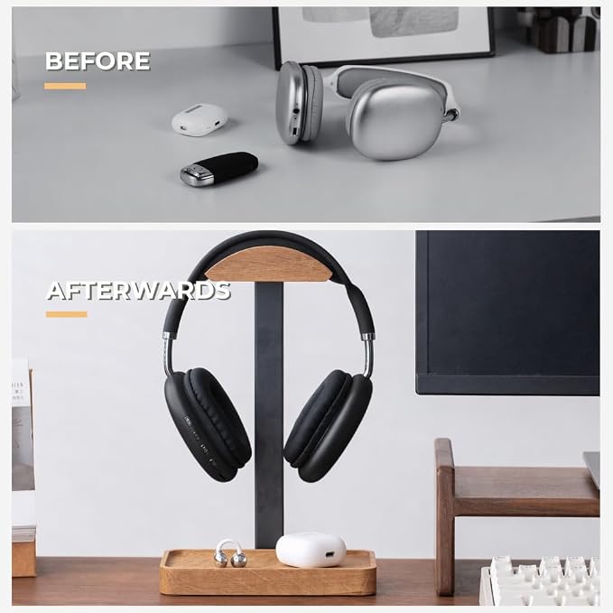 muso wood Oak Headphone Stand, Wood Headset Stand with Storage Base | Desk Holder for Gaming & Office, Compatible with AirPods Max, Bose, Razer Headsets - Image 7