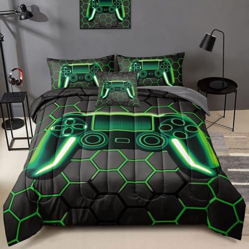 BDUCOK 5 Piece Gamer Comforter Sets Bed in A Bag for Boys Teen Kids,Honeycomb Gaming Bedding Sets Gamepad Comforter Microfiber Bed Set for All Season Gamer Home Decor(Green, 5 Piece Sets30021-Twin) by BDUCOK