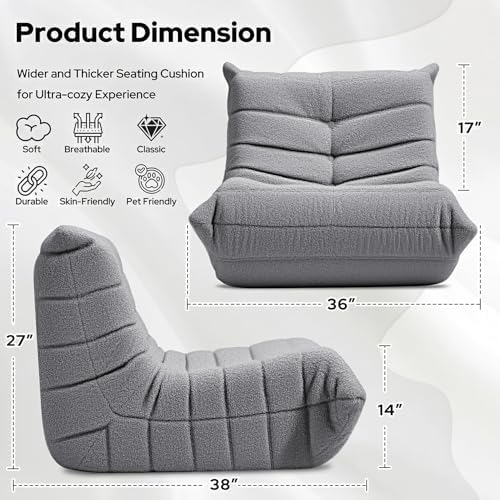HABUTWAY Bean Bag Chairs Fireside Lazy Floor Sofa,Single,Light Grey | Soft Teddy Fleece Bean Bag Sofa with High-Resilience Foam Filling，Beanbag for Living Room, Bedroom, Office - Image 2