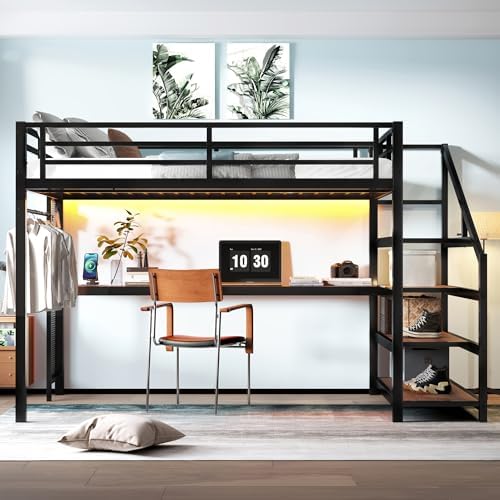 Bellemave Queen Loft Bed with Desk & Storage Stairs, Metal Queen Size Loft Bed Frame with Iron Nets, LED Lights & USB Ports, Heavy Duty Adult LoftBed for Bedroom, Noise-Free, Black by Bellemave