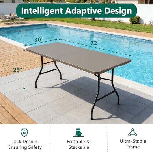 6FT Folding Table, Heavy Duty Plastic Fold-in-Half Utility Table with Handle, Portable Camping Picnic Table with Steel Legs for Indoor Outdoor Party, Dining, Khaki,2 Pack - Image 4