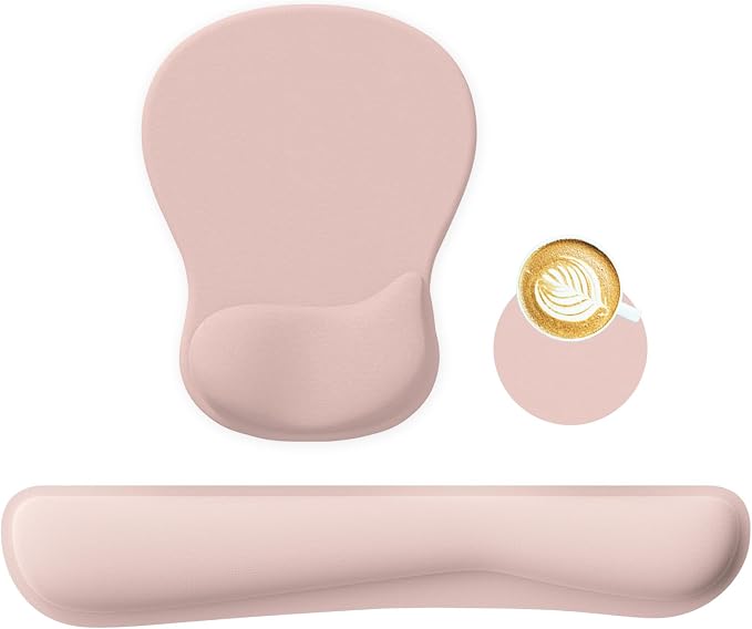 RICHEN Wrist Rest Support for Mouse Pad&Keyboard Set with Coaster,Concave Curved Memory Foam, Non-Slip Base Pain Relief Comfortable Easy Typing Pad for Home/Office (Lycra Pink) by RICHEN