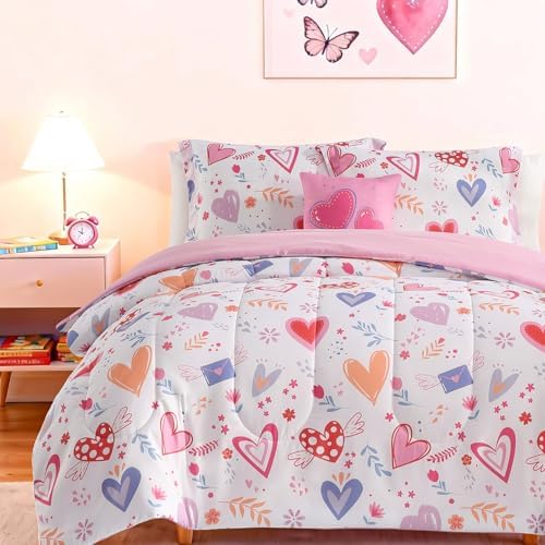 Twin Comforter Set for Girls-3 Pieces Heart Printed Twin Bedding Sets - Image 4