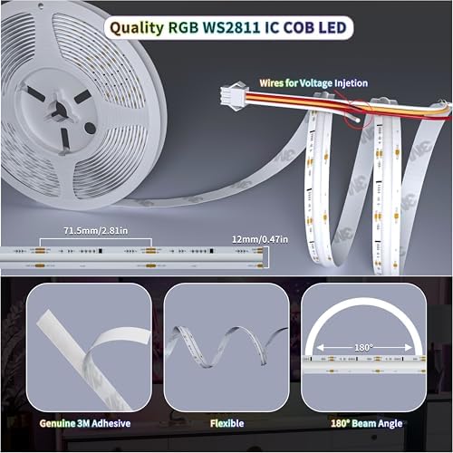 RGB Smart IC COB LED Strip Light 18ft Addressable Chasing Color 12V LED Light Strip Multicolored Flexible RGB Lights Kit with Music Mode for Party, Decoration, Home DIY Lighting Projects - Image 6