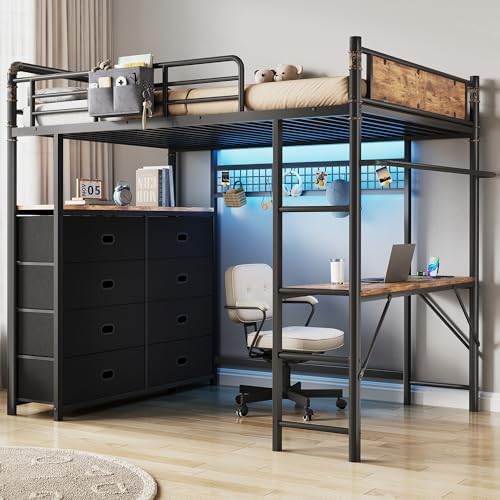 Twin Loft Bed with Desk and 8 Storage Drawers, Metal Loft Bed Twin Size with LED Lights & Charging Station, Bed Frame with Hanging Rod, Safety Guardrail & Ladder, for Kids & Teens (Rustic Brown) by MapleGrace