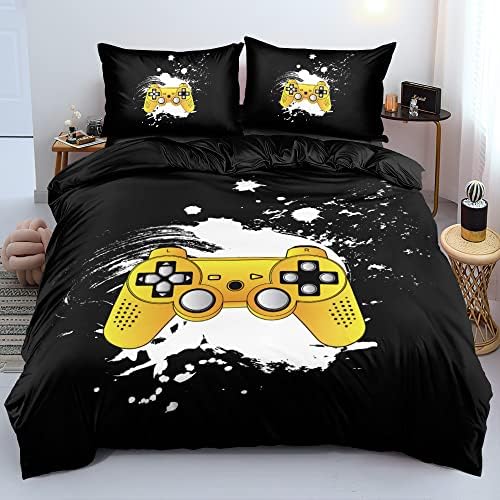 3D Print Yellow Gamepad Duvet Cover Set Gaming Comforter Covers and Pillowcases King Size Black Background Color Bed Set Gamer Beddings Boy Kid Bedroom Decorations by Holiyjog