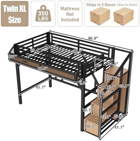 Bellemave Twin XL Loft Bed Frame with Storage Stairs, Beside Shelf & Wardrobe, Metal Loft Bed Twin XL with USB Ports & LED Light, Large Under-Bed Space Loft Beds for Adults, Teens, Kids, Black Natural - Image 2
