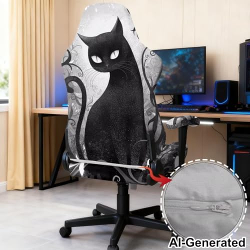 Black Cat Gaming Chair Cover with Armrest Covers Painting Style Computer Chair Slipcovers Set of 4 Split Computer Chairs Slipcovers for Home Club Office Decorations - Image 3