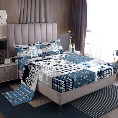 Rustic Modern Farmhouse Bed Sheets Full Teens Adult Camper Sheet Set Happy Camping Car Bedding Set for Kids Boys Girls Polar Bear Deer Animal Fitted Sheet with 2 Pillow Cases Room Decor Flat Sheet by Erosebridal