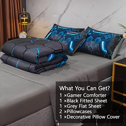 6Pcs Game Console Comforter Set with Sheets for Boys Girls Kids Teens, Geometric Gaming Themed Bed in A Bag Twin Size, Blue 3D Video Gamer Controller Bedroom Decor Bedding Set - Image 4