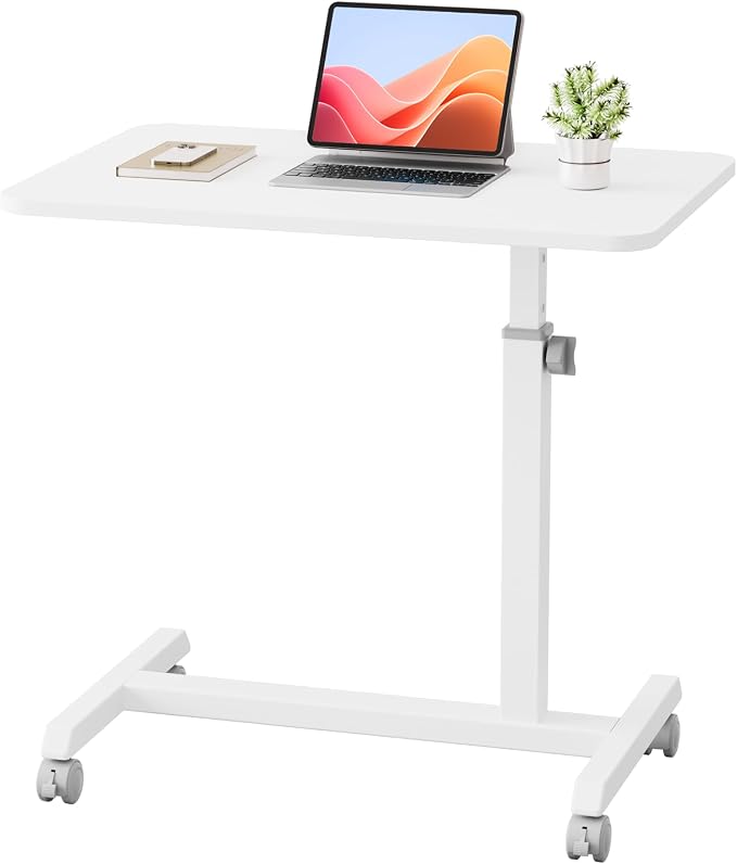 GTPLAYER Small Standing Desk, 24 Inches Mobile Rolling Laptop PC Table with Lockable Casters, Adjustable Height Overbed Bedside Table Computer Workstation for Home Office, White-Fixed by GTPLAYER
