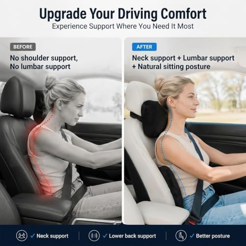 2 PCS Car Pillow for Driving Seat Soft Suede Headrest Neck & Lumbar Support | Universal Fit,Pain Fatigue Relief,Comfortable Plush,Elastic Adjustable Strap,Travel Sleep,Breathable Machine Washable Cover - Image 3