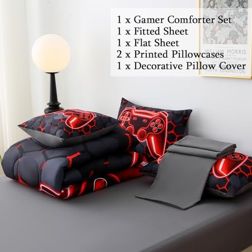 JQinHome Queen Size Gaming Bedding Set 6-Piece Comforter for Boys Teens - 3D Video Game Print Bed in a Bag with Sheets, Red Cool Black Design (Queen) - Image 5
