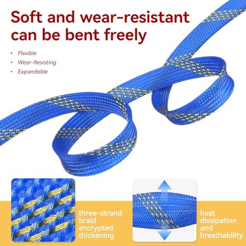 Braided Cable Sleeve, 16.4ft Expandable Mesh Cable Management Sleeve, Wear-Resistant Cord Protectors from Pets No Chew Flexible Wire Sleeving for Audio Video (Blue and Gold, 1/4") - Image 3