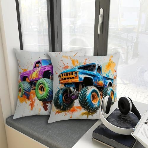 Monster Truck Throw Pillow Cover 20x20" Set of 4, Multicolor Cartoon Car Pillowcase for Sofa Couch Bed Soft Decorative Pillow Cover Kids Boys Room Monster Truck Cushion Covers Party Home Decorations - Image 5